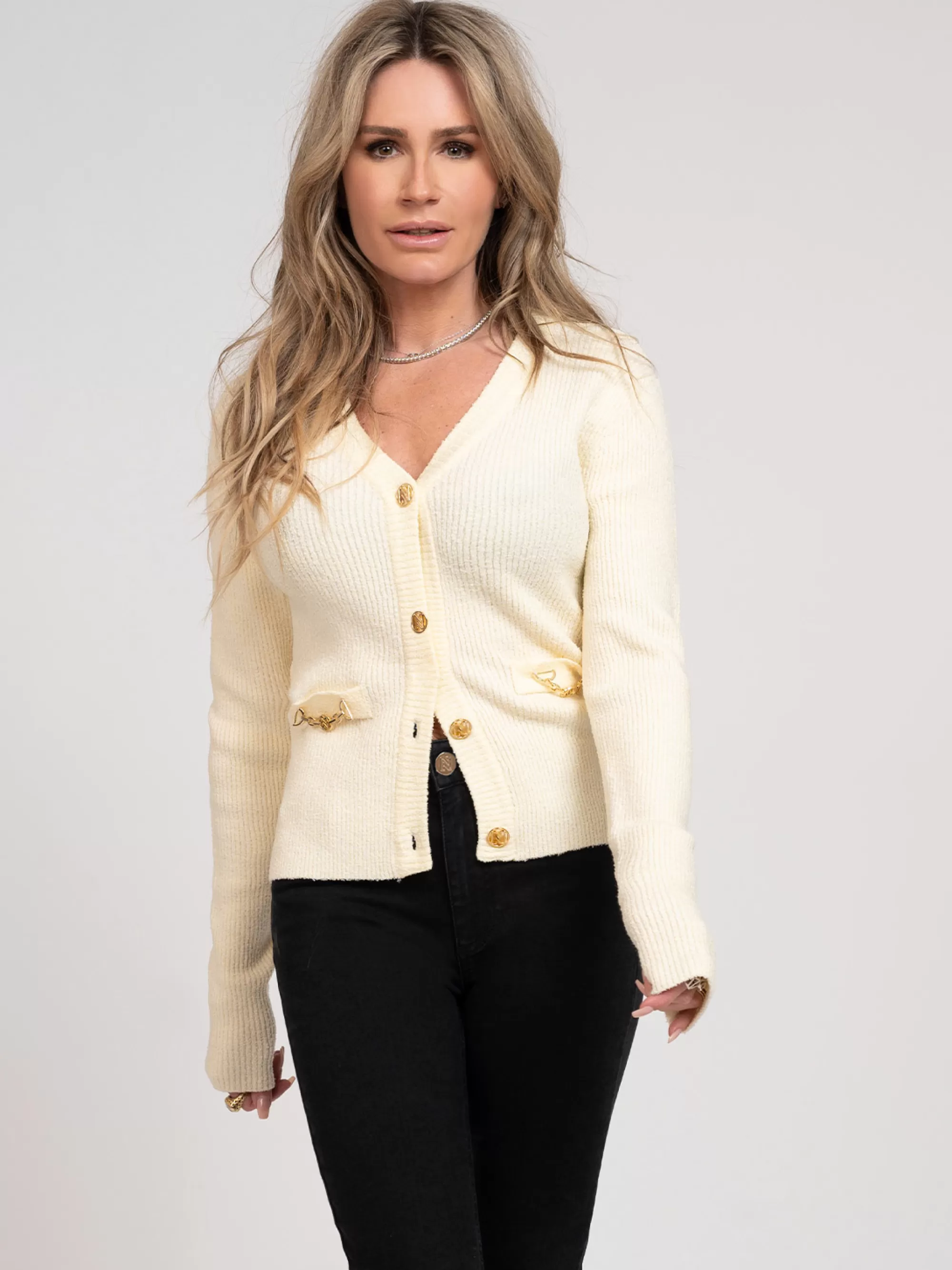 Women FIFTH HOUSE Sweaters & Cardigans-Cardigan with N-logo buttons and chain detail