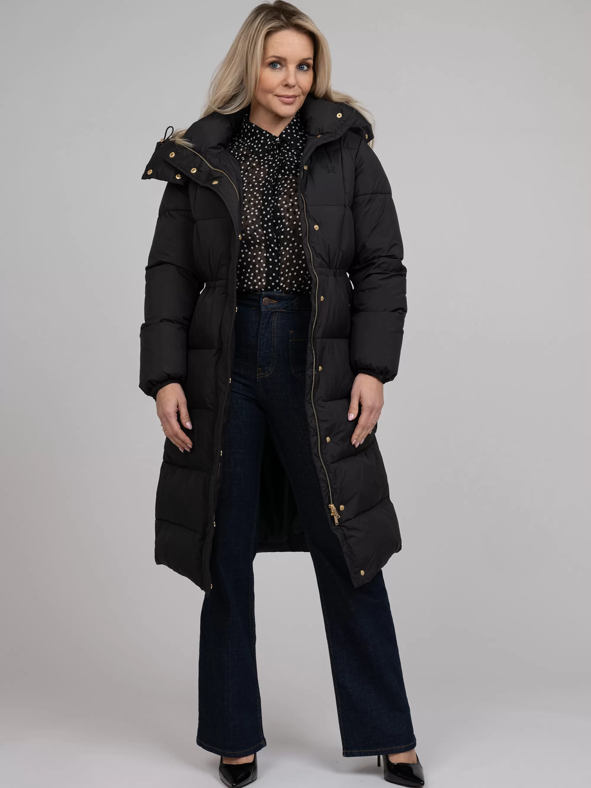 Women FIFTH HOUSE Coats & Jackets-Long puffer coat with hood and tailored waist