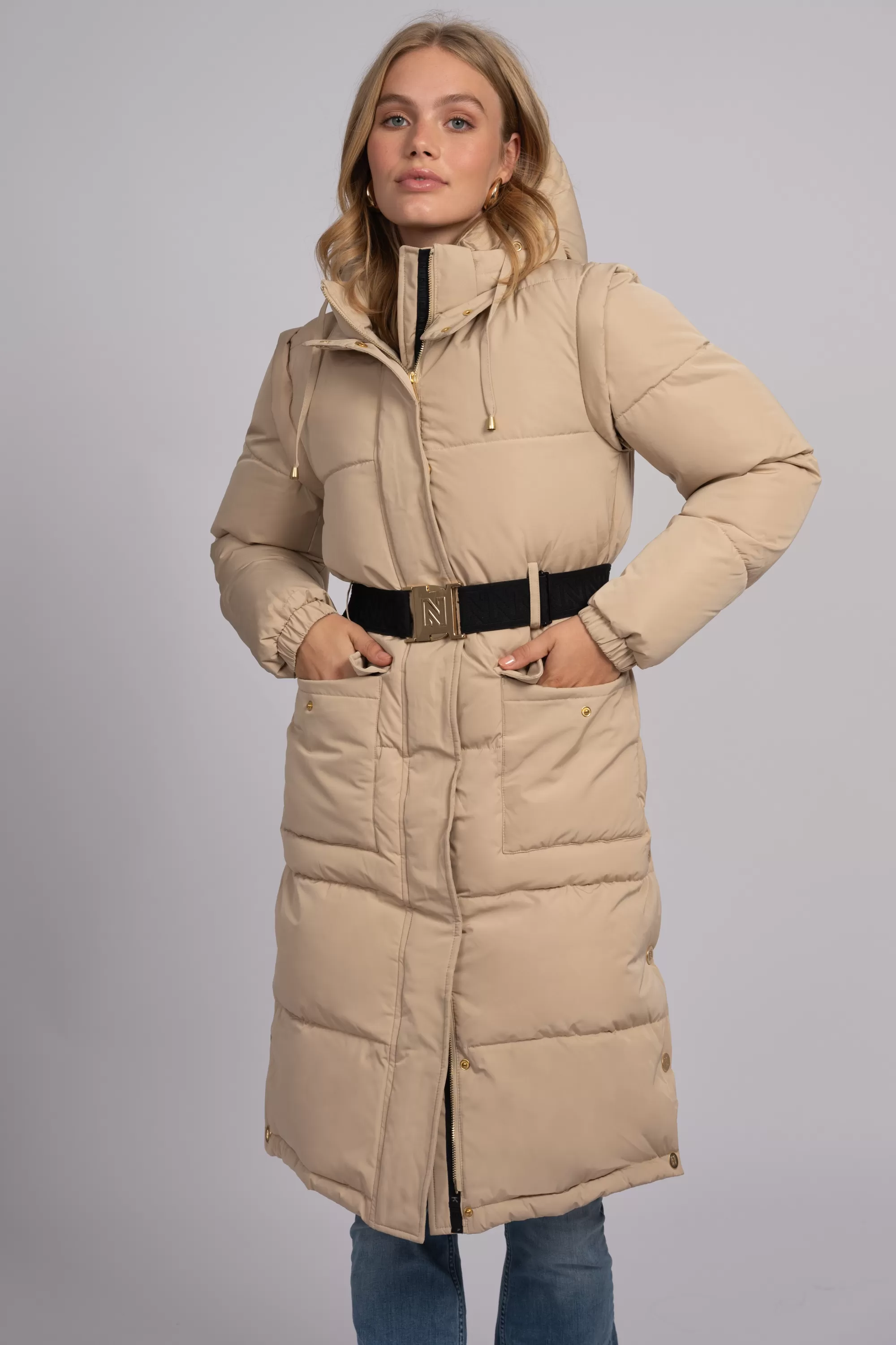 Women FIFTH HOUSE Coats & Jackets-Long puffer jacket with belt and detachable sleeves