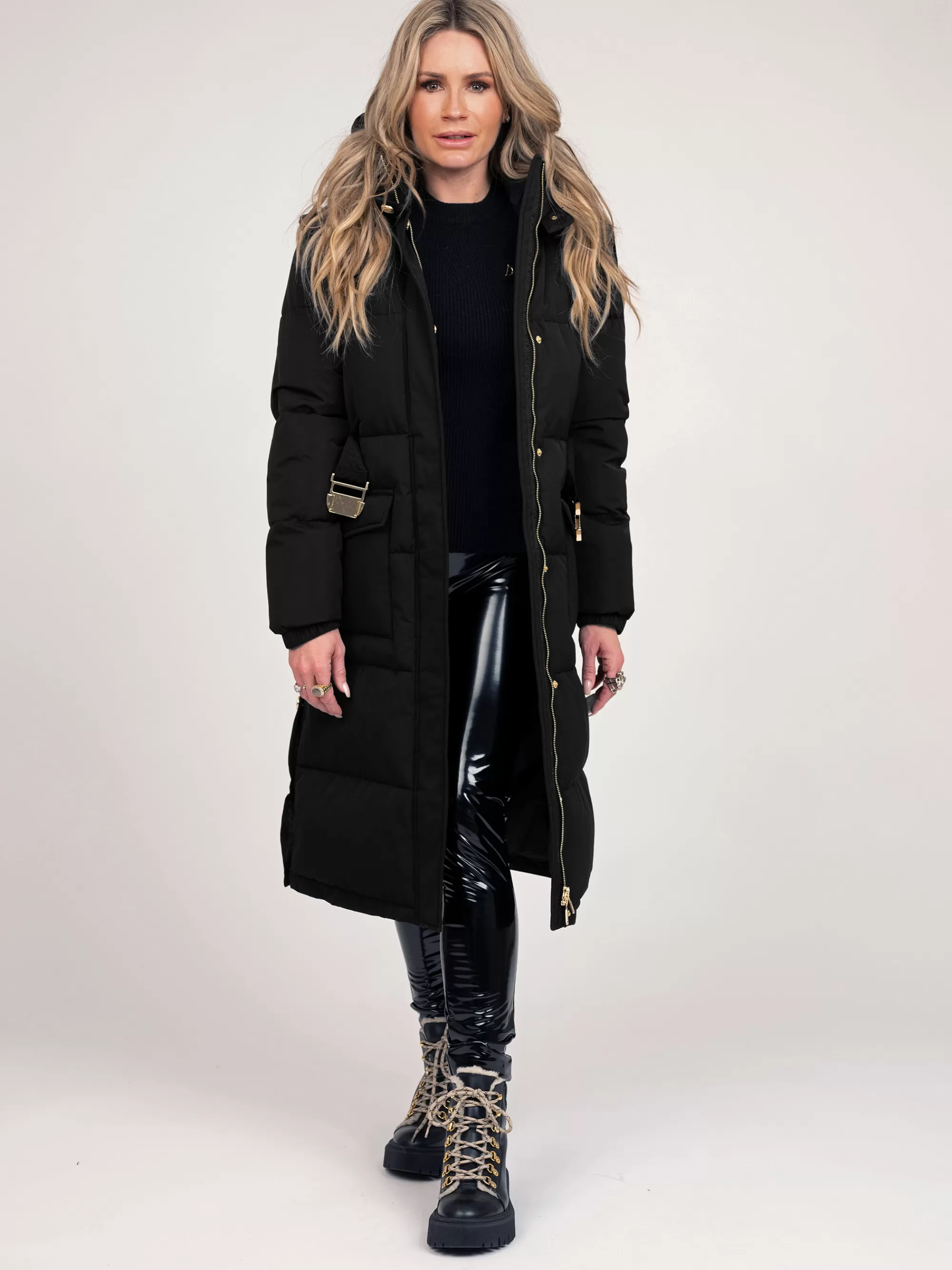 Women FIFTH HOUSE Coats & Jackets-Long puffer jacket with belt and detachable sleeves