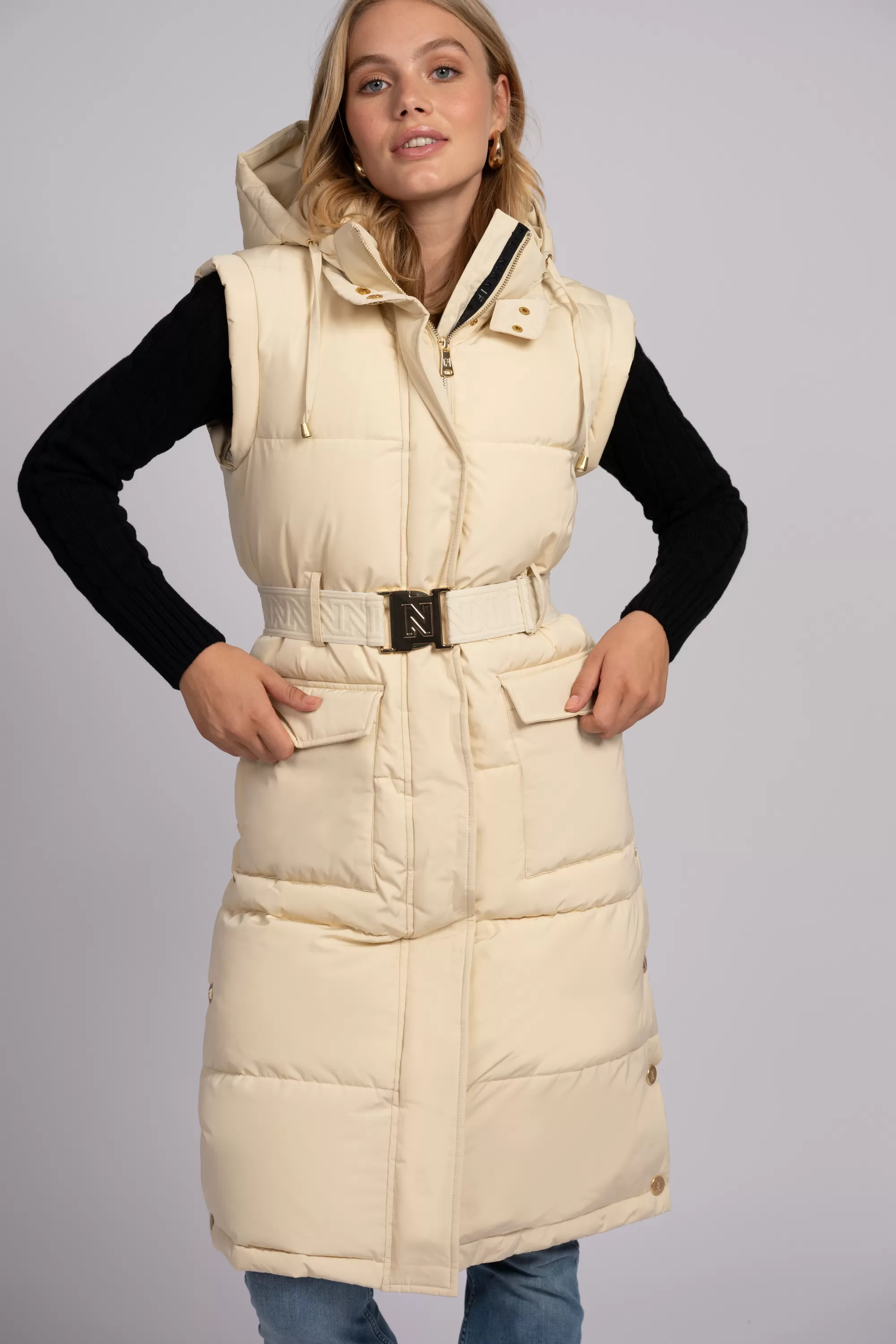 Women FIFTH HOUSE Coats & Jackets-Long puffer jacket with belt and detachable sleeves