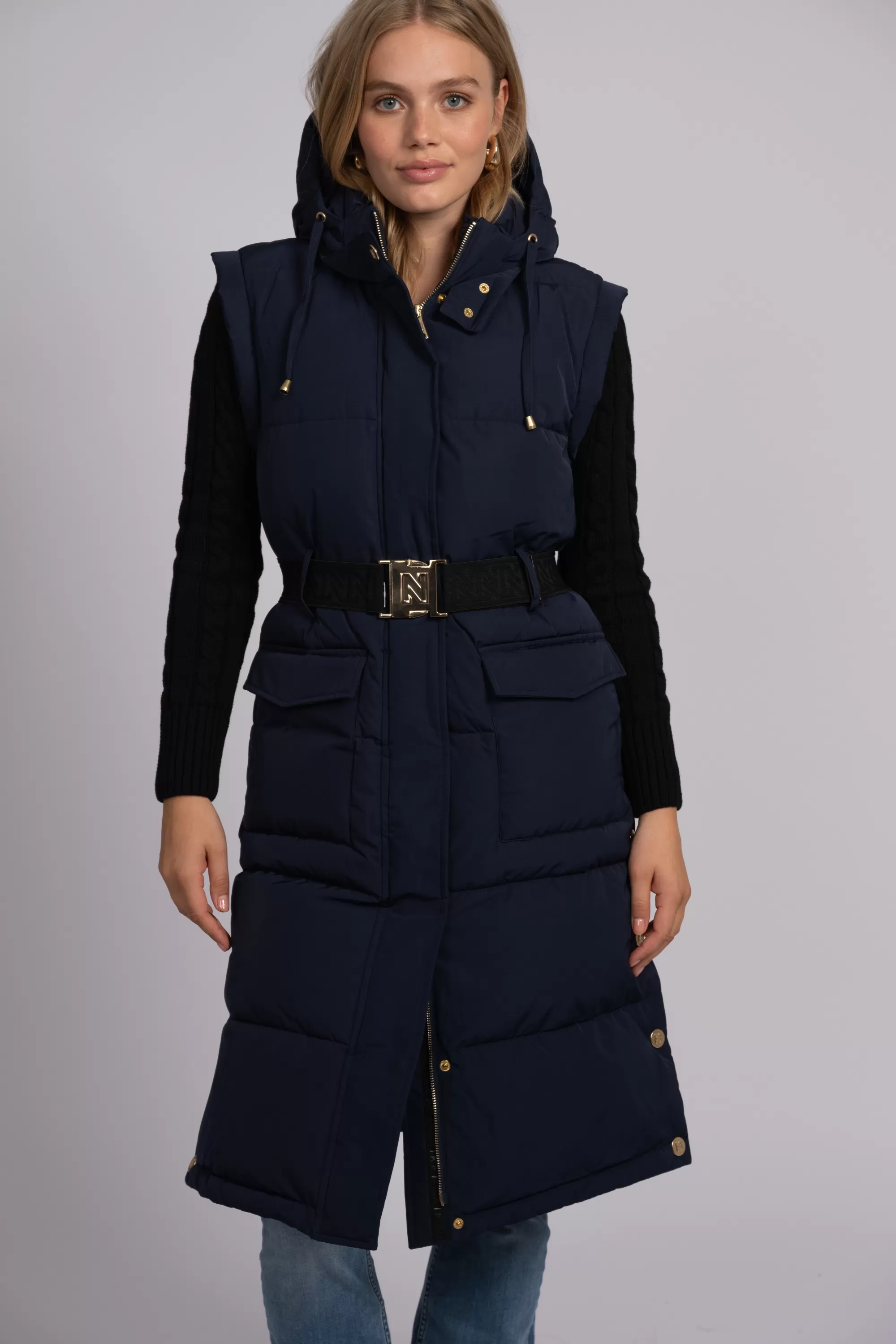 Women FIFTH HOUSE Coats & Jackets-Long puffer jacket with belt and detachable sleeves