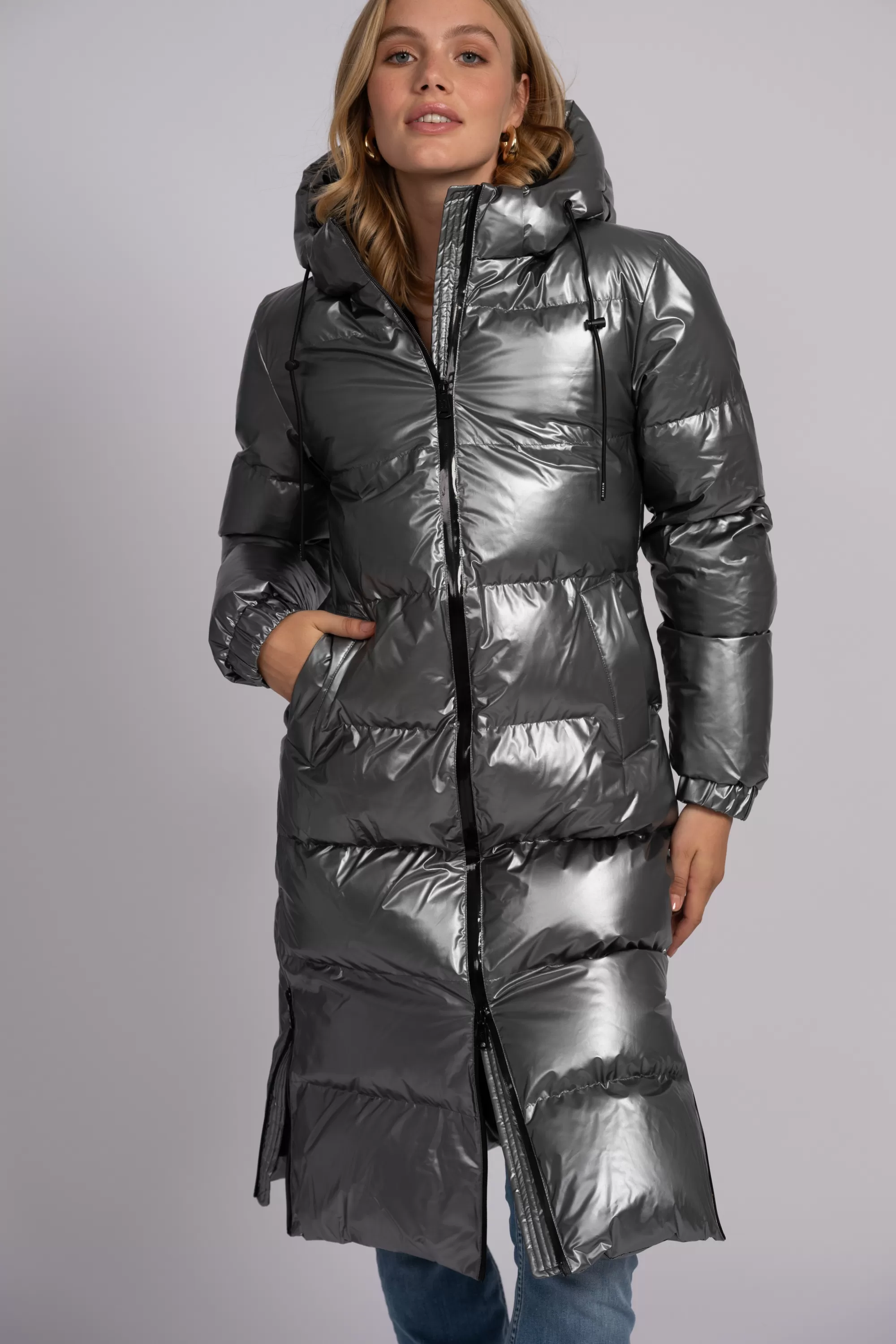 Women FIFTH HOUSE Coats & Jackets-Long puffer jacket with metallic look