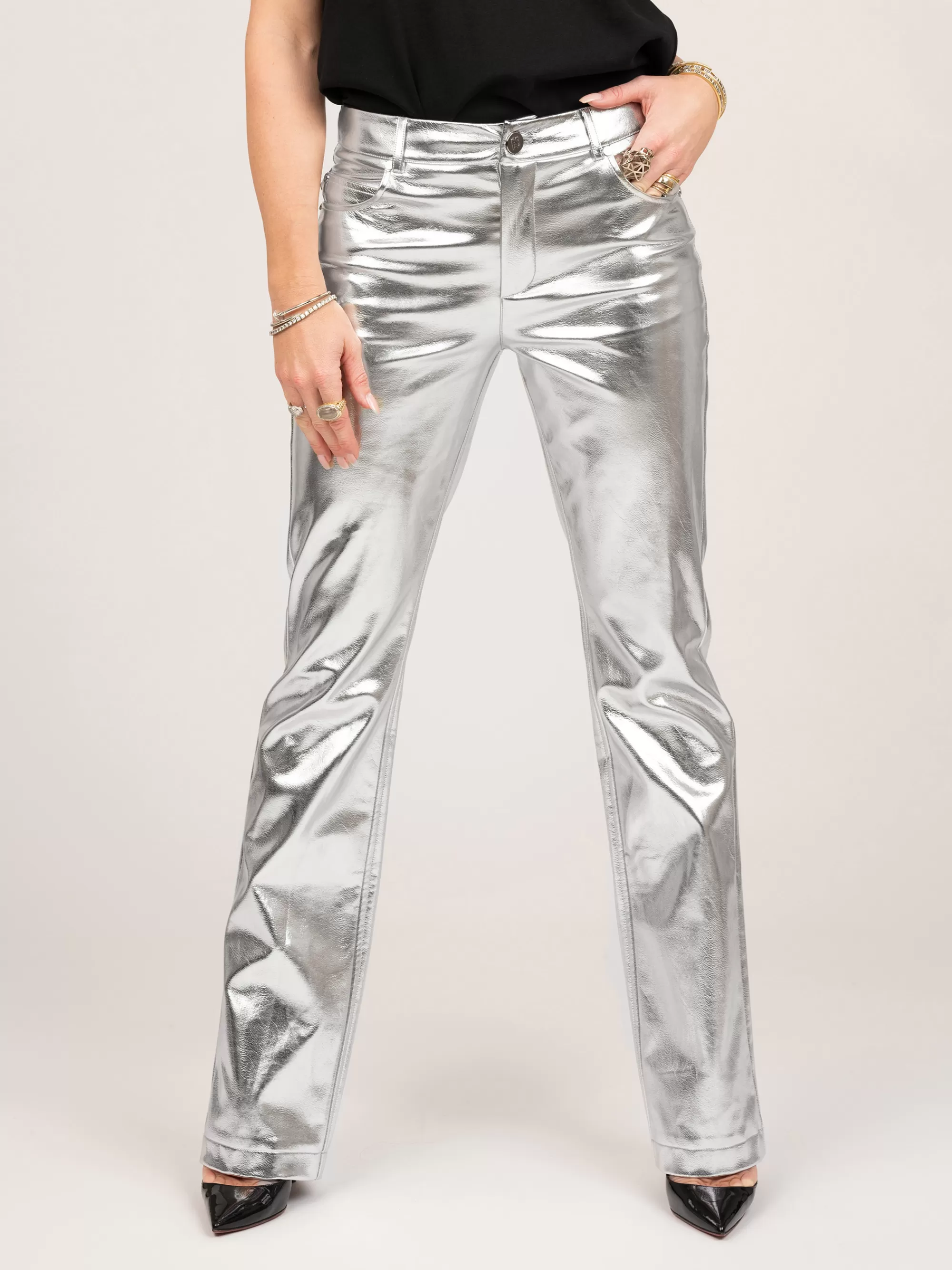 Women FIFTH HOUSE Pants & Jeans-Metallic pants with straight fit