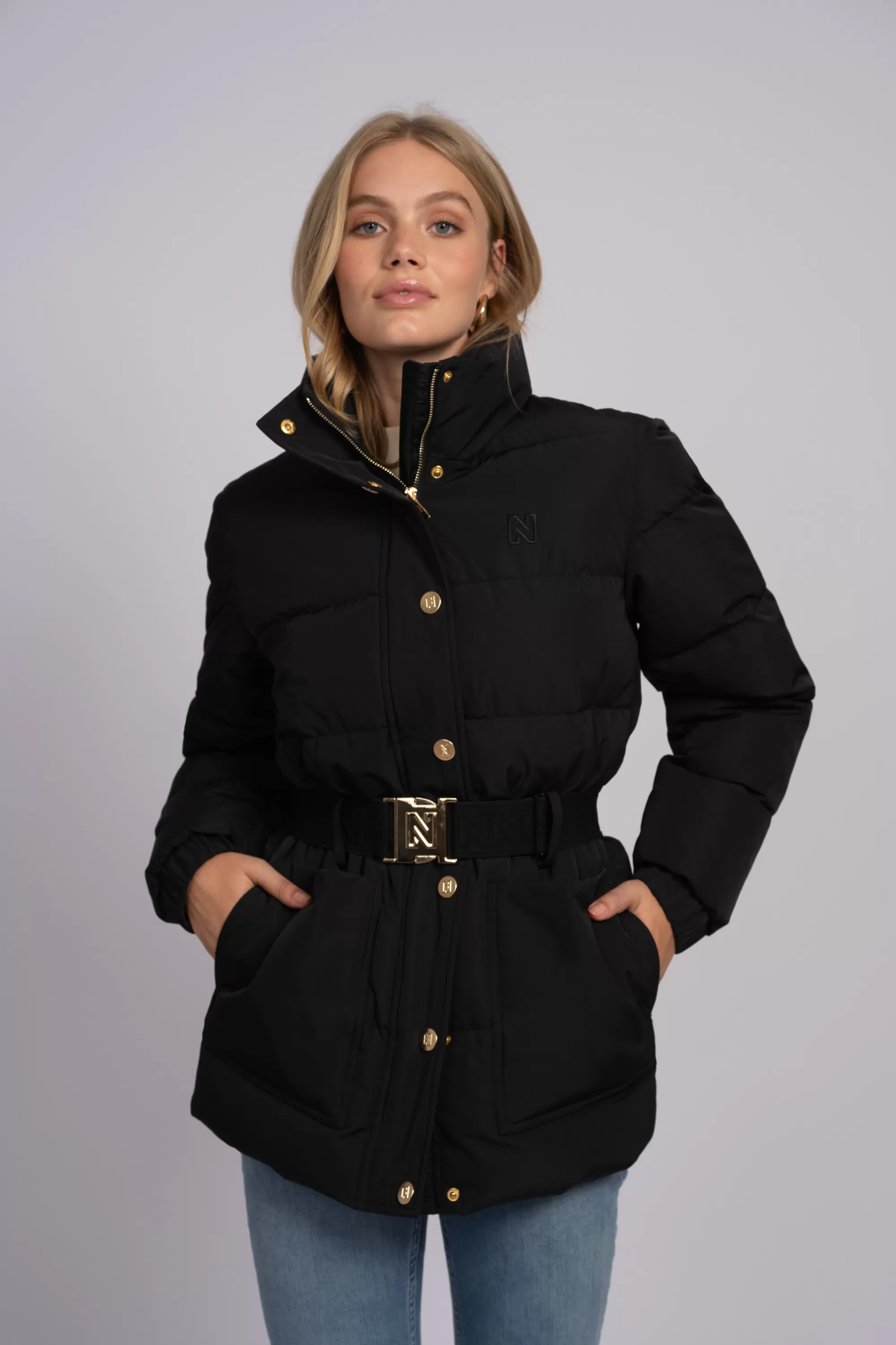 Women FIFTH HOUSE Coats & Jackets-Puffer jacket with high neck and a belt