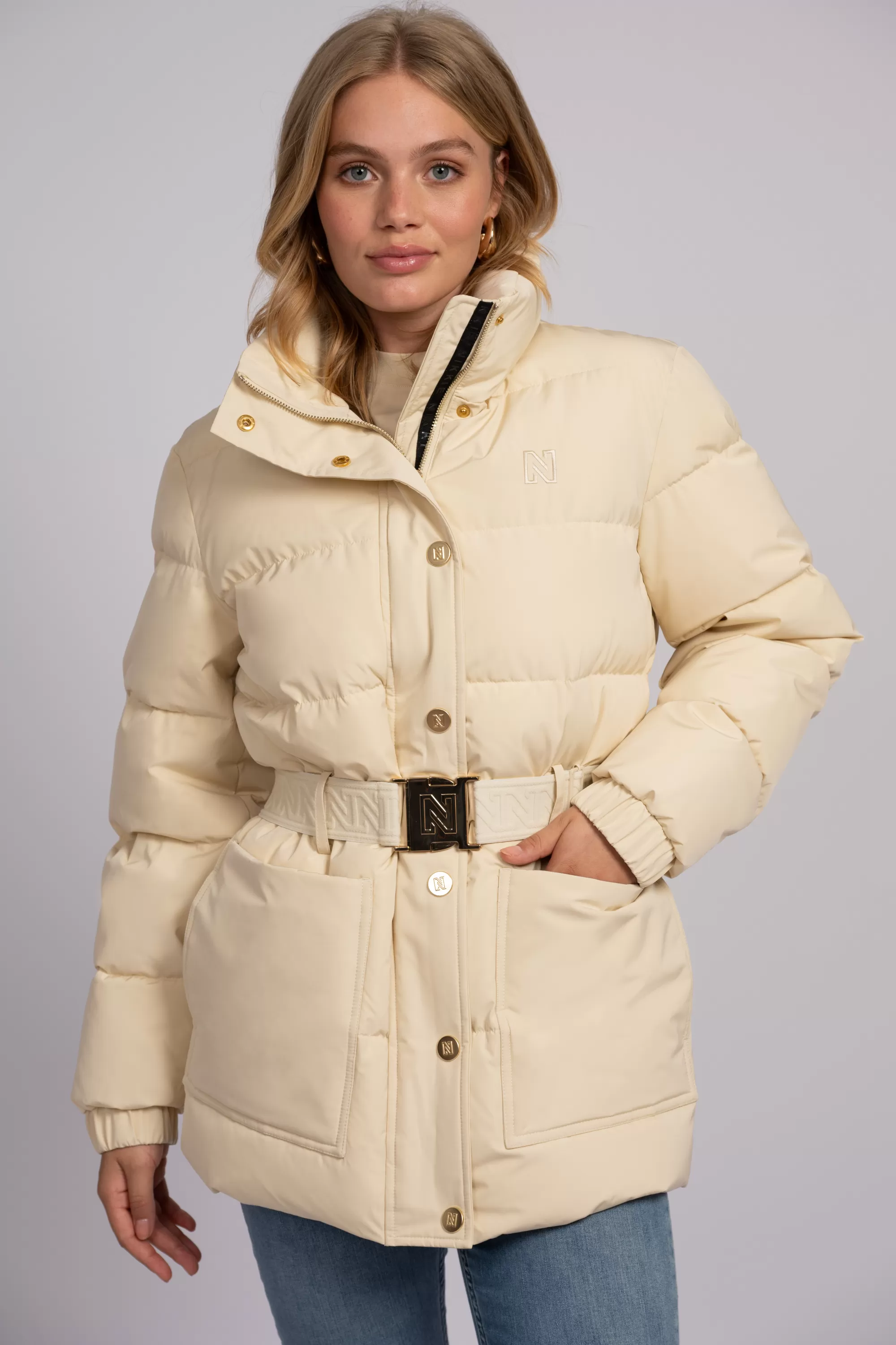 Women FIFTH HOUSE Coats & Jackets-Puffer jacket with high neck and a belt