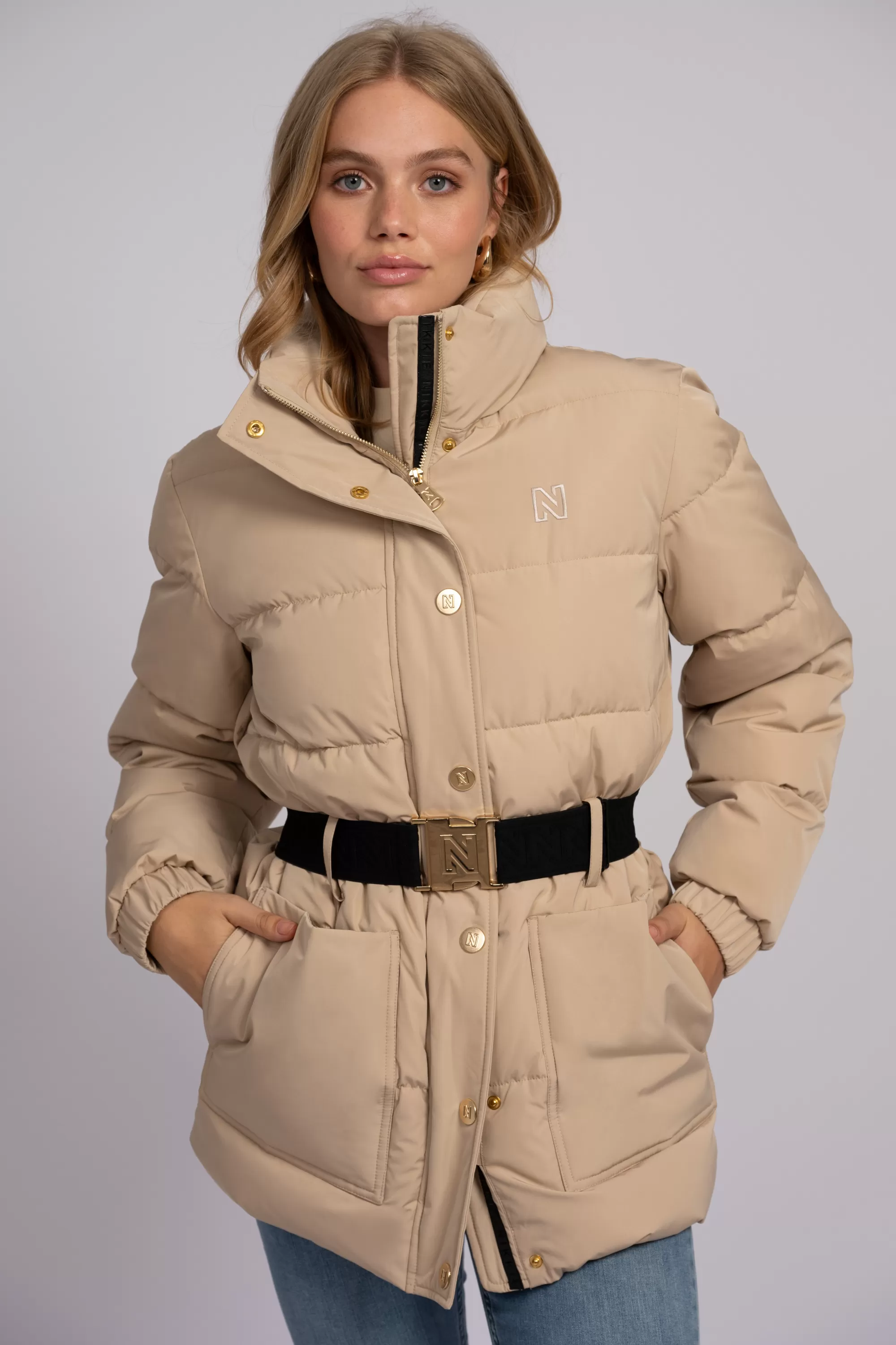 Women FIFTH HOUSE Coats & Jackets-Puffer jacket with high neck and a belt